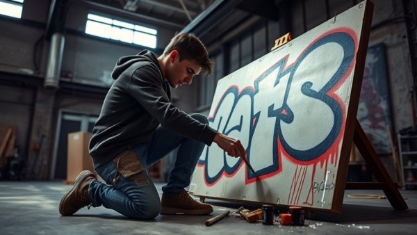 Cinematic photo of a young graffiti artist kneeling in an urban studio environment.