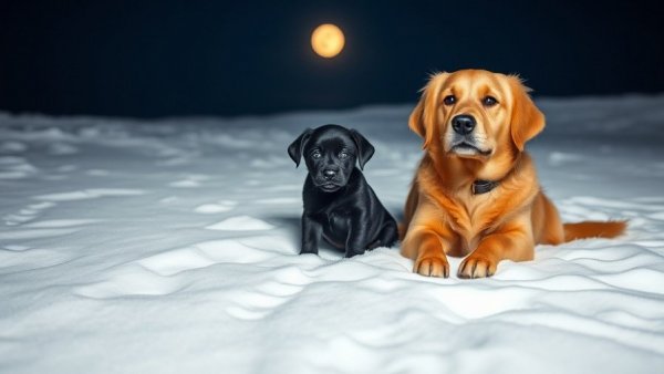 Puppy stage goes too quick: dogs sitting in winter snow.