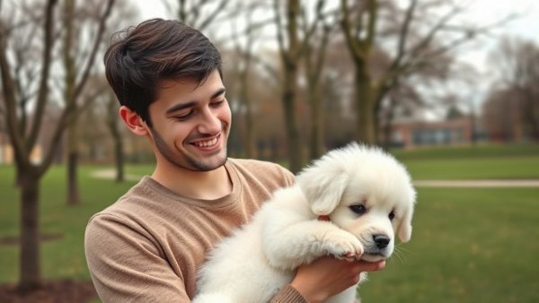 Man with puppy in park for travel with dog scene