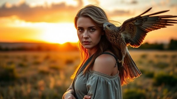 Determined woman with hawk at sunset reminiscent of 'H Is for Hawk movie'