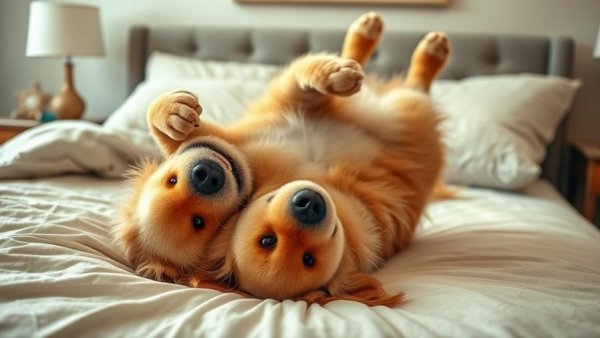 Golden retriever relaxing on bed in cozy home setting.