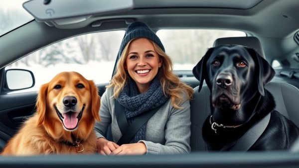 Woman traveling with golden retriever and black labrador in car, winter