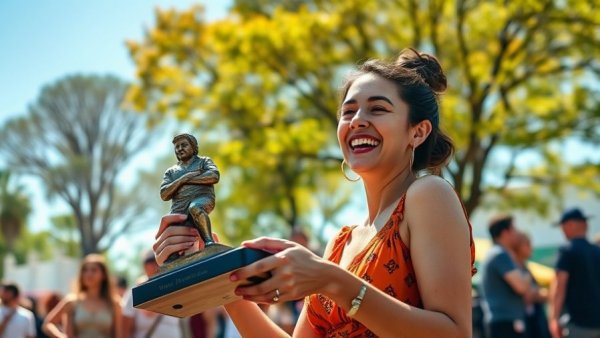 Joyful woman holding award at Cook-off for the Coast Louisiana