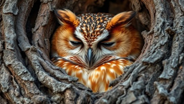 Reddish-brown owl nestled in tree bark, Owls of North America.