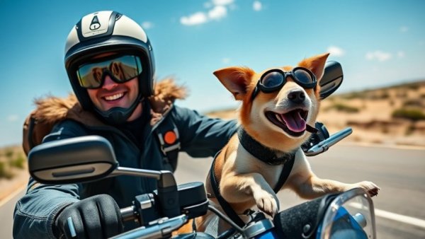 Pet friendly travel with motorcyclist and dog in goggles.