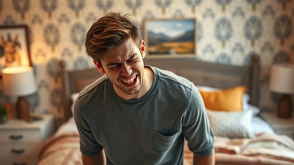 Young man in pain in cozy bedroom, travel with dog ideas