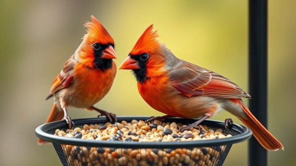 Pair of Northern Cardinals on bird feeder, illustrating how to attract Northern Cardinals.