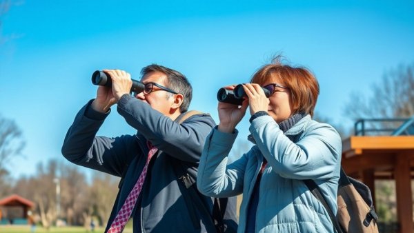 Two people birdwatching in a park under clear skies; join Christmas Bird Count.
