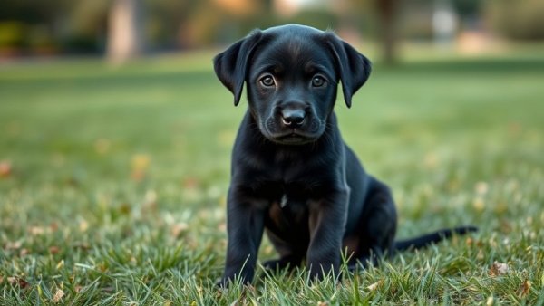 Adorable black lab puppy sitting on grass, travel with dog.