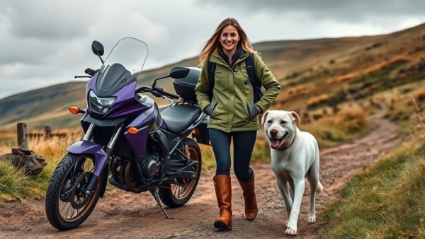 Woman traveling with dog and motorcycle in mountain landscape.