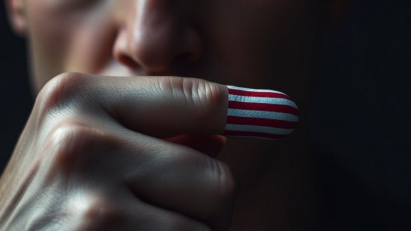 American flag painted thumb, pensive expression.