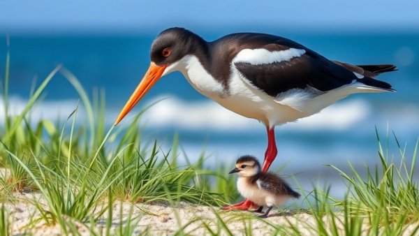 Shorebird and chick on beach during nesting season conservation.
