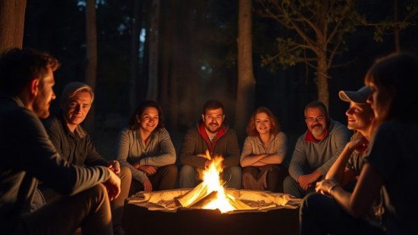 People gathered by campfire, outdoor evening setting.