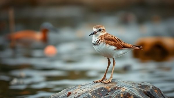 Arctic migratory sandpiper on rock with blurred water background.