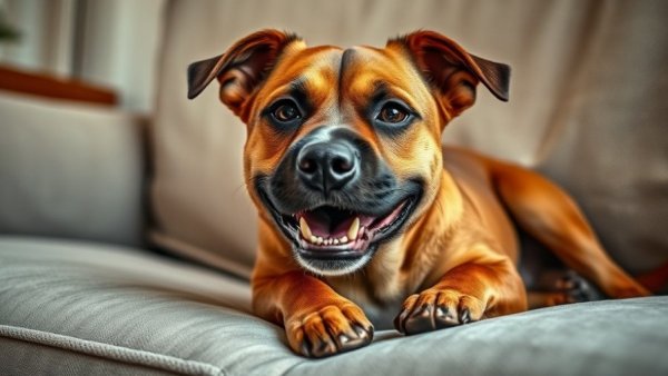 Funny dog with playful grin on couch and laughing emoji.