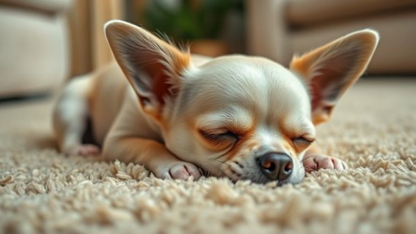 Chihuahua sleeping peacefully on a soft beige carpet.