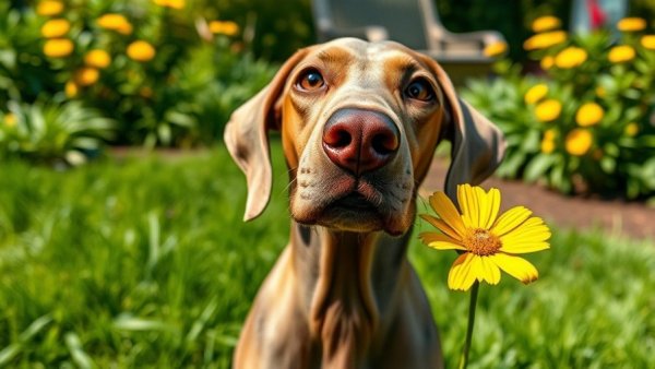 Funny dog reacting to a flower in the garden.