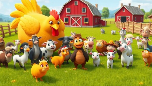 Cartoon farm animals around a giant hen for funny animal videos