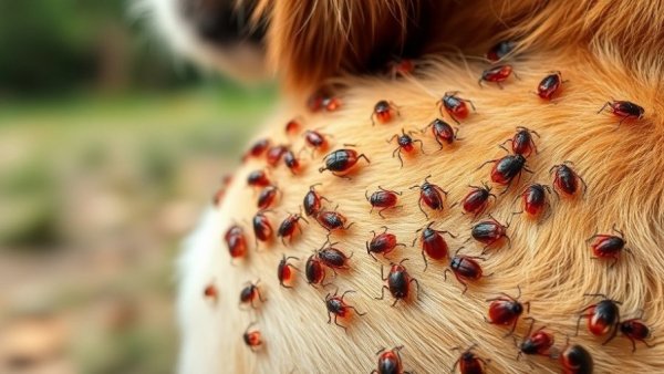Dog infested with ticks in natural setting, detailed view.