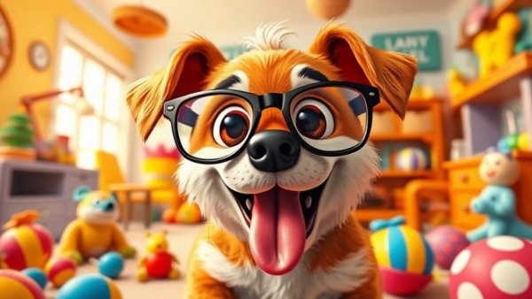 Funny pet stuff with cartoon dog and toys in bright room.