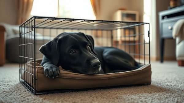 Calm black dog in crate indoors, travel with dog concept.