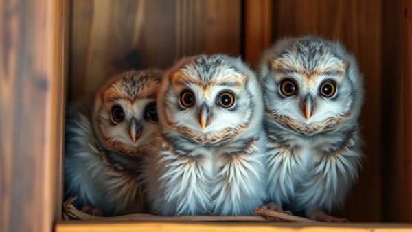 Three fluffy baby owls in a wooden enclosure for Raptor Conservation Lecture.