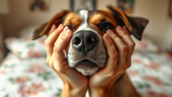 Playful close-up of hands covering a dog's face in a bedroom.
