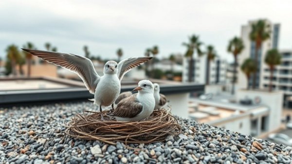 Shorebirds nesting on a gravel rooftop near urban buildings and palm trees.