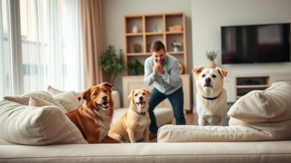 Person pretends to faint in cozy living room with two attentive dogs.
