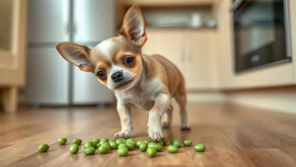 Playful chihuahua with peas, exploring human foods chihuahuas can eat, in a bright kitchen.