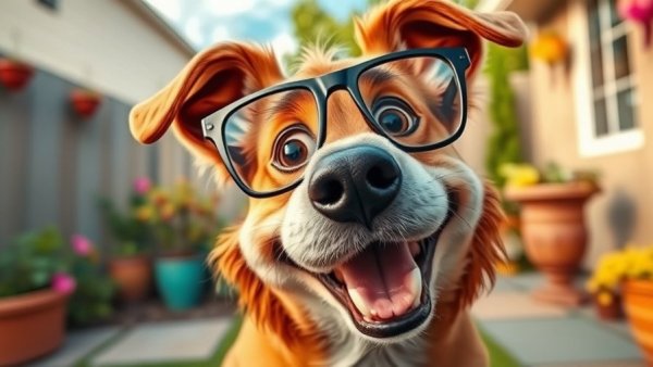 Funny pet stuff featuring a playful dog with oversized glasses, cartoon style.