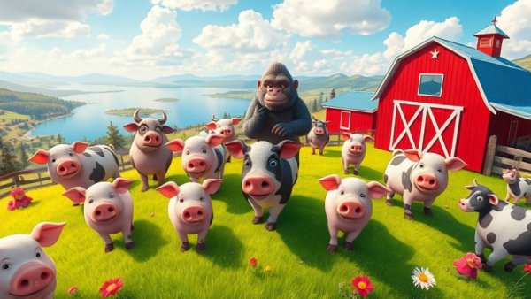 Cartoon farm scene with animals for funny animal videos SEO.
