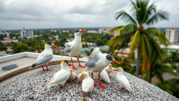 Shorebirds nesting on a Florida rooftop among gravel.