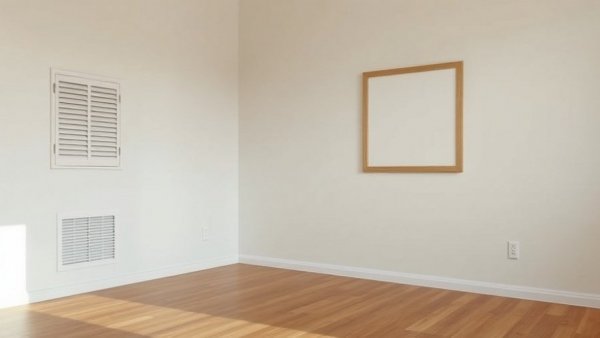 Minimalistic room corner with hardwood floor and wall vent.