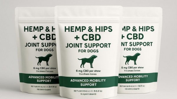 Dog vitamins and supplements in clear packaging with CBD.
