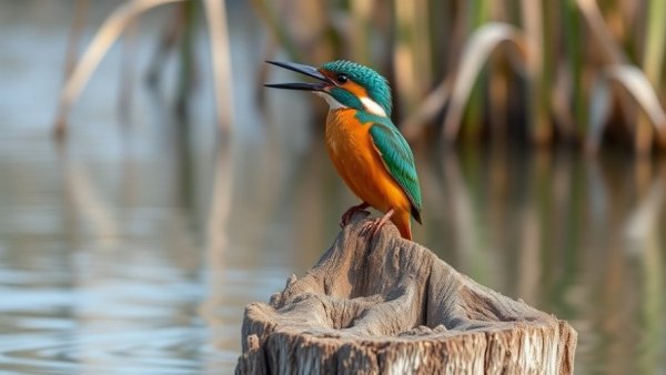 Kingfisher on stump over water, reflecting natural habitat.