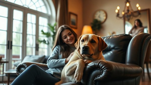 Relaxed woman with Labrador in cozy living room.
