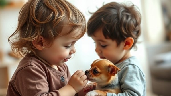 Chihuahuas and children mix: Child gently interacting with a Chihuahua puppy indoors.