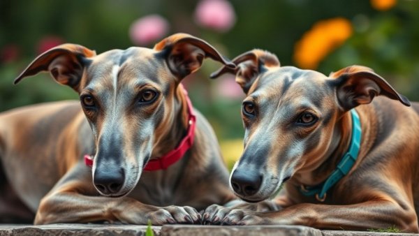 Greyhounds with vibrant collars relaxing, conveying Couch Potato Dog Breeds vibe.