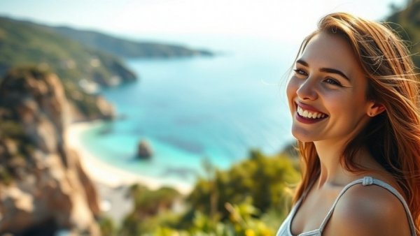 Young woman smiling outdoors with a scenic coastal view.