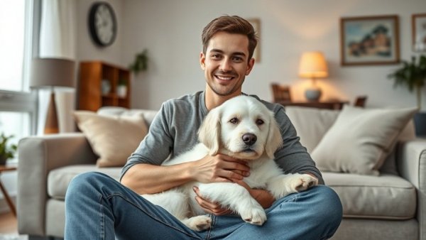 Young man sitting with dog in cozy living room setting for travel with dog.