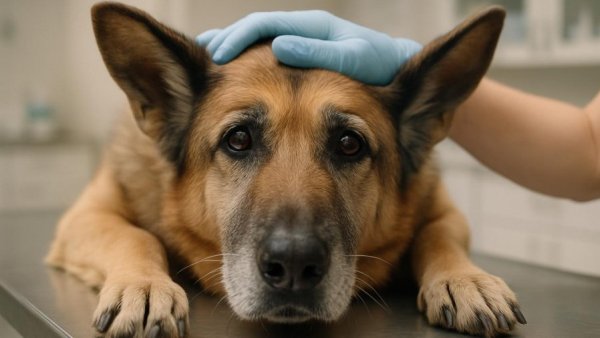 Elderly German Shepherd at vet, representing affordable pet insurance for dog lovers.