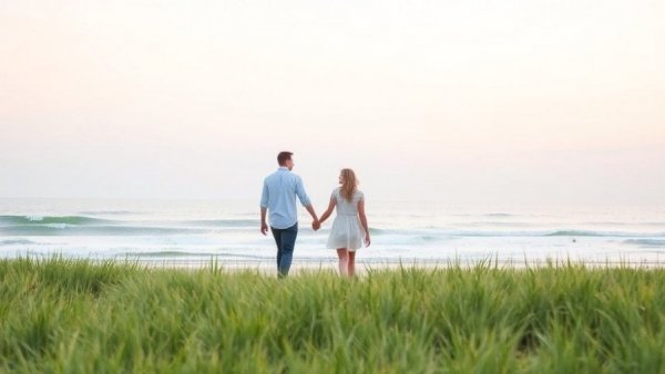 Watercolor of a couple walking on a serene beach.