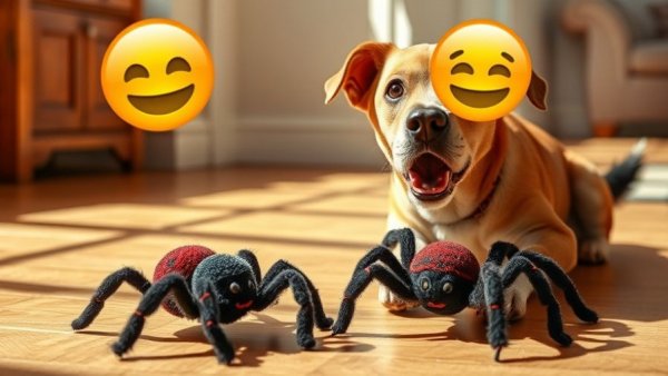 Surprised dog reacting to toy spider inside with emoji, Funny Animal Videos.
