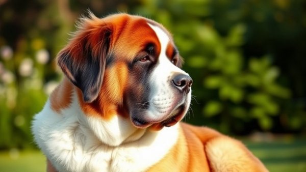 Laid-back St. Bernard dog enjoying the outdoors in sunlight.