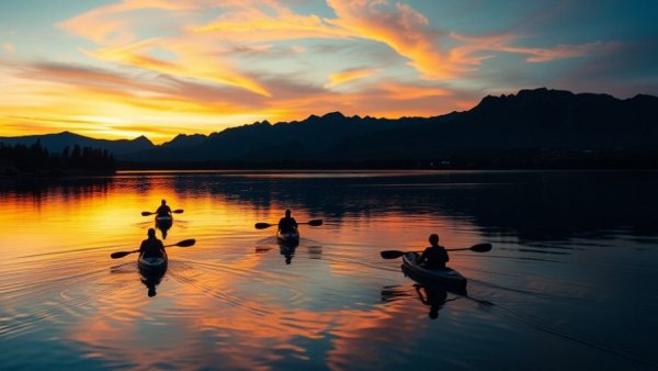 Kayakers at sunset on Arizona lake, water-based recreation.