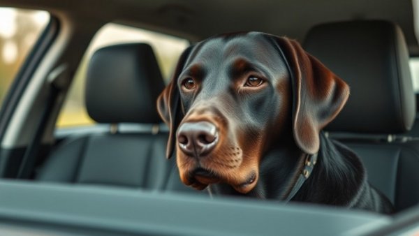 Chocolate Labrador in car, relaxed, related to dog adoption stories.