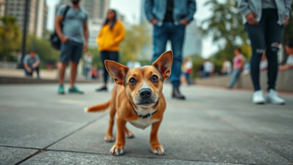Dog in park with people around during travel.