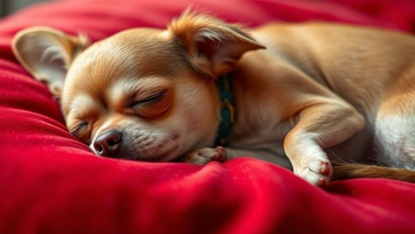 Senior Chihuahua resting on red velvet, illustrating senior Chihuahua care.