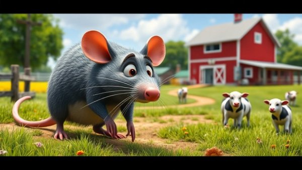 Funny animal videos: Giant cartoon rat on farm with cows.